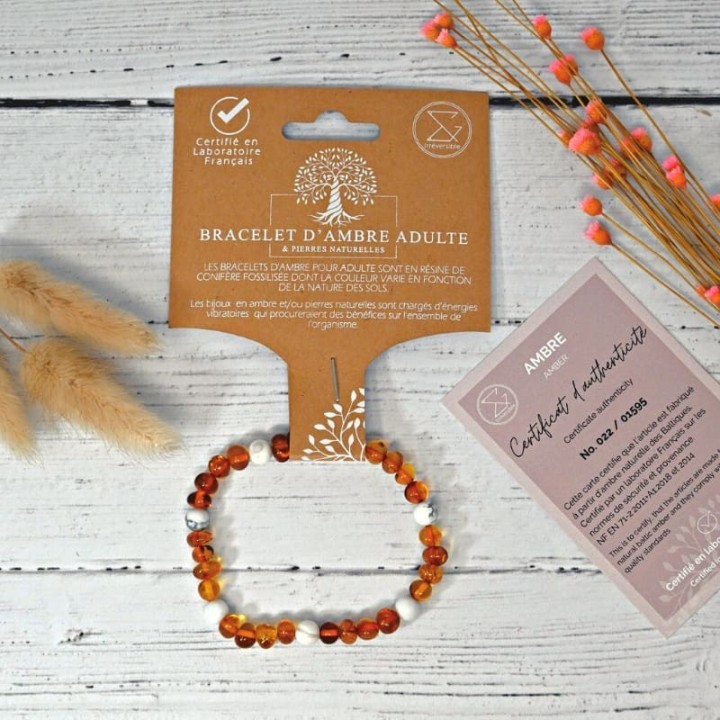Bracciale in pietra naturale per adulti - Ambra e Howlite - 19 cm - Irréversible Bijoux
