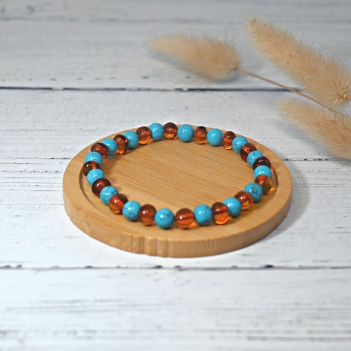 Armband aus Naturstein für Erwachsene - Bernstein Cognac & Türkis Blau - 19cm - Irréversible Bijoux