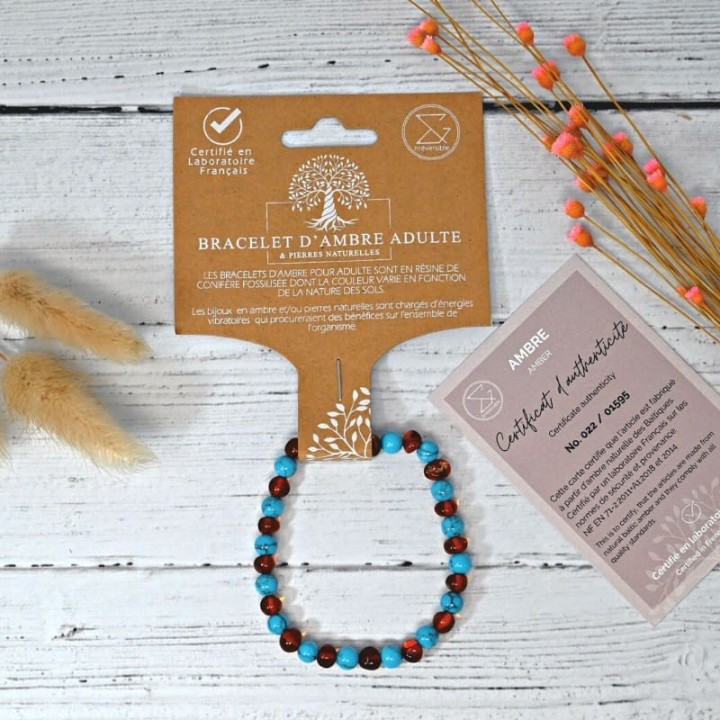 Armband aus Naturstein für Erwachsene - Bernstein Cognac & Türkis Blau - 19cm - Irréversible Bijoux