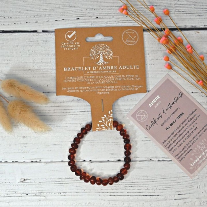 Bracelet en pierre naturelle pour adultes - Ambre cognac - 19cm - Irréversible Bijoux