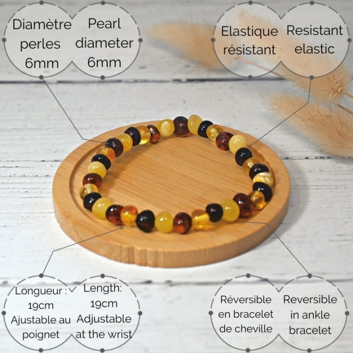 Bracelet en pierre naturelle pour adultes - Ambre multicolore - 19cm - Irréversible Bijoux