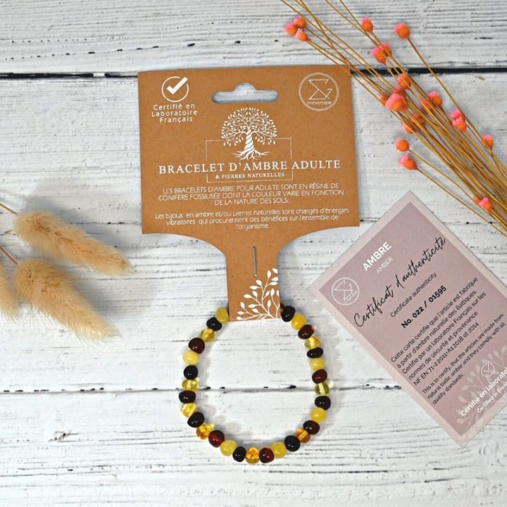 Bracelet en pierre naturelle pour adultes - Ambre multicolore - 19cm - Irréversible Bijoux
