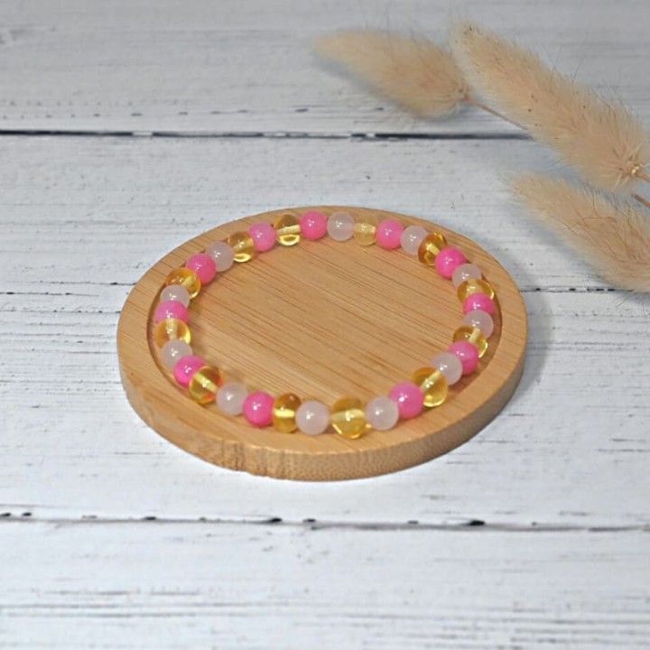 Armband aus Naturstein für Erwachsene - Lemon Bernstein, Chalcedon & Rosenquarz - 19cm - Irréversible Bijoux