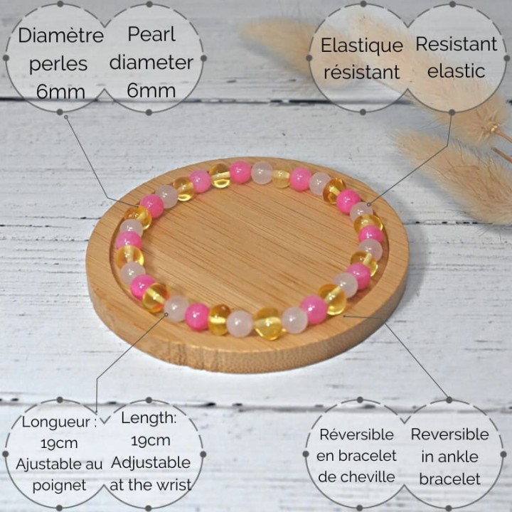Armband aus Naturstein für Erwachsene - Lemon Bernstein, Chalcedon & Rosenquarz - 19cm - Irréversible Bijoux