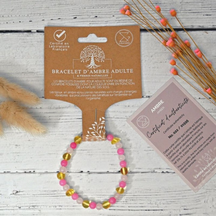Bracelet en pierre naturelle pour adultes - Ambre Lemon, Calcédoine & Quartz rose - 19cm - Irréversible Bijoux