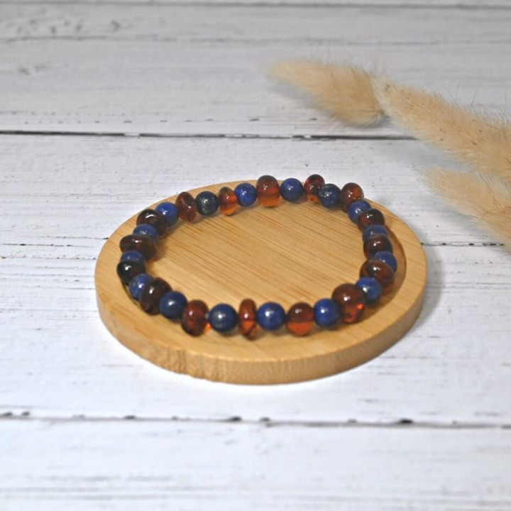 Bracelet en pierre naturelle pour adultes - Ambre Cognac & Lapis Lazuli - 19cm - Irréversible Bijoux