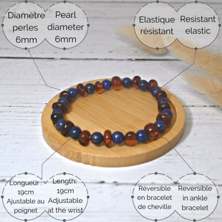 Bracelet en pierre naturelle pour adultes - Ambre Cognac & Lapis Lazuli - 19cm - Irréversible Bijoux