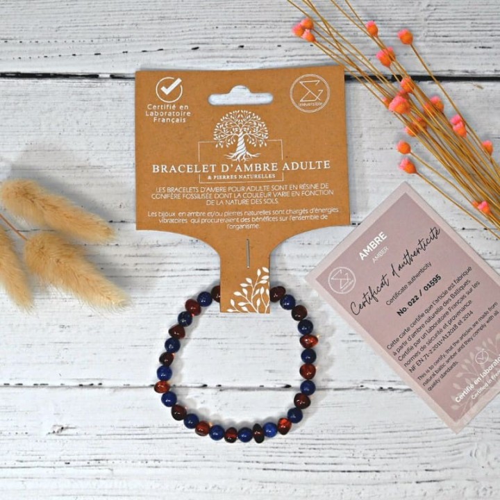 Bracelet en pierre naturelle pour adultes - Ambre Cognac & Lapis Lazuli - 19cm - Irréversible Bijoux