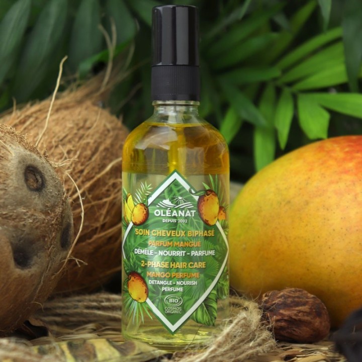 Soin hydratant biphasé BIO pour les cheveux - Sans rinçage, parfum de mangue - 100ml - Oléanat