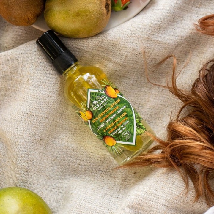 Zweiphasige BIO-Feuchtigkeitspflege für das Haar - Ohne Ausspülen, Mangoduft - 100ml - Oléanat