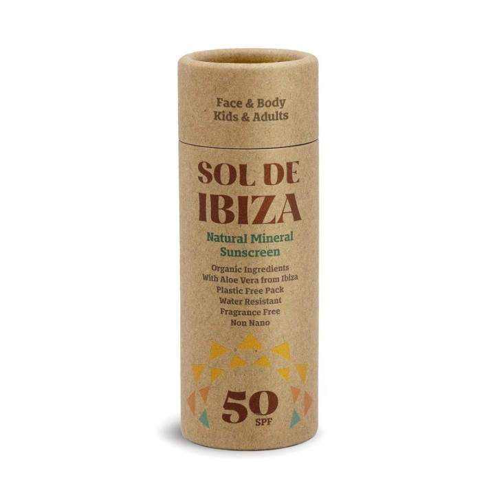 Natürlicher, fester Sonnenschutz in Karton & wasserfreiem Stick - Für Gesicht & Körper - SPF 50, 45g - Sol de Ibiza