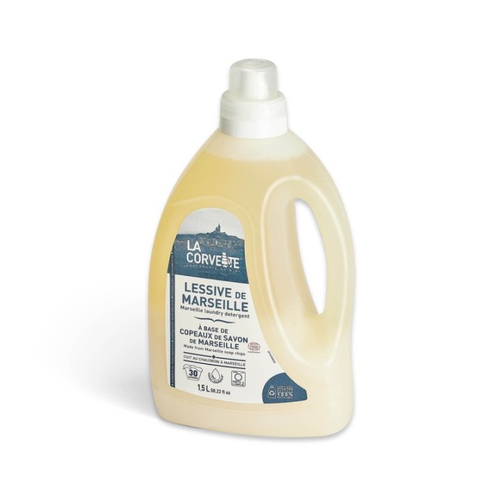 Lessive liquide BIO de Marseille, à base de copeaux de savon de Marseille - 1,5L (30 lavages) - La Corvette