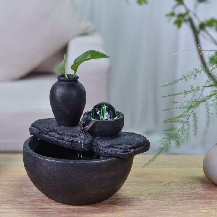 Fontana d'acqua - "Bouddha Silice" con palla rotante illuminata (LED) - Zen'Light