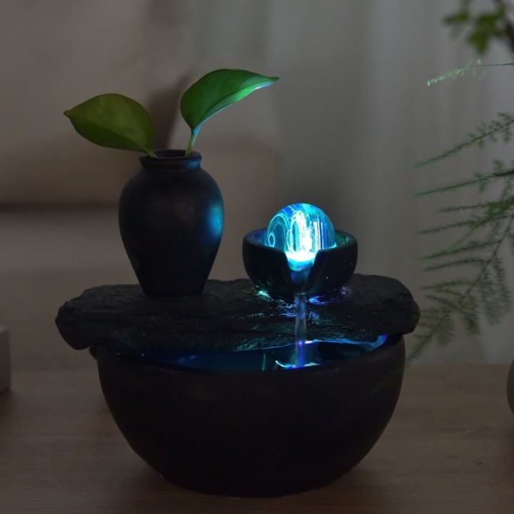Fontana d'acqua - "Bouddha Silice" con palla rotante illuminata (LED) - Zen'Light
