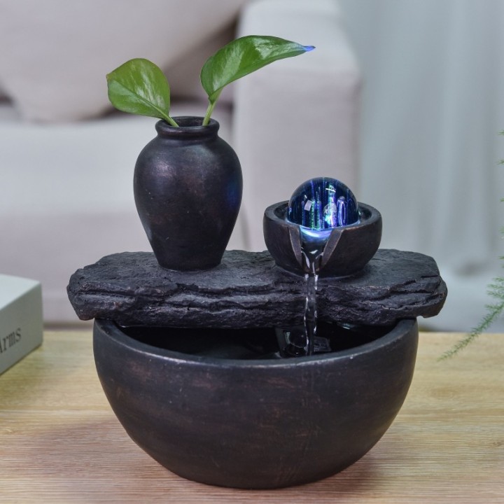 Fontana d'acqua - "Bouddha Silice" con palla rotante illuminata (LED) - Zen'Light