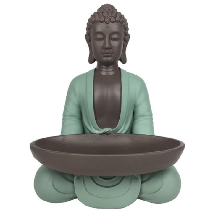 Statuette - "Bodhi Vert avec plat", un bouddha en position de méditation - Haut de 14 cm - Zen'Light