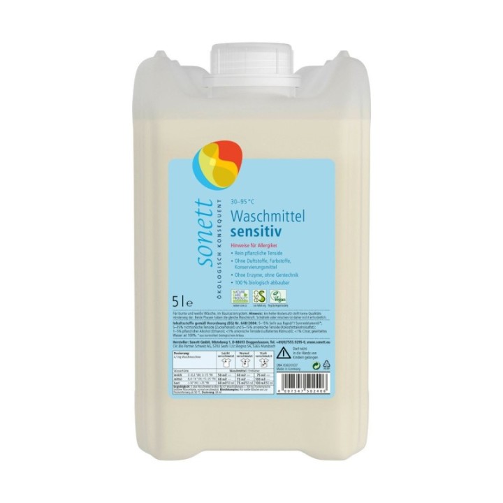 Ökologisches Flüssigwaschmittel, Sensitiv Ideal für Allergiker - 5 Liter - Sonett