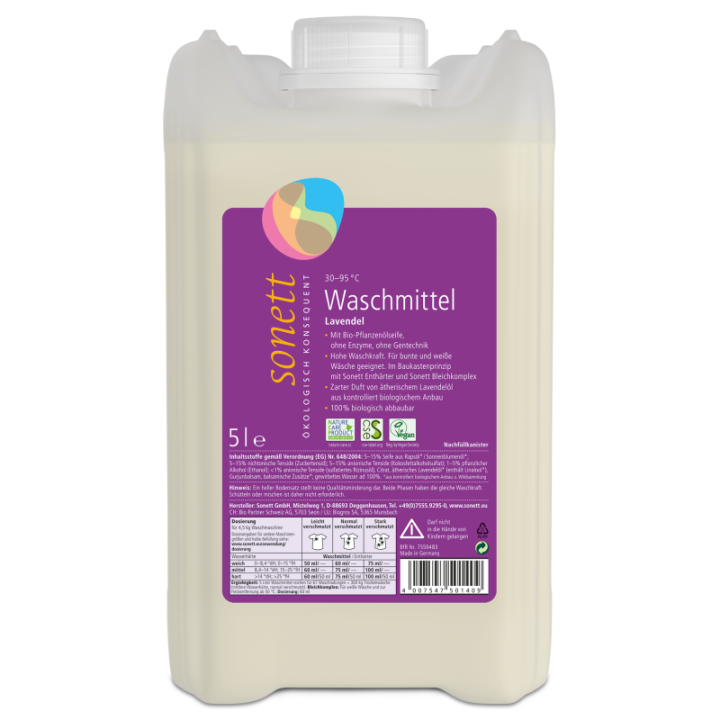 Detergente liquido ecologico, Lavanda per bianchi e colori - 5 Litri - Sonett