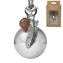 Bola de grossesse plaqué argent lisse, avec plume Indienne & Pierre de lune - ⌀ 2,2 cm & chaine 114cm - Irréversible Bijoux