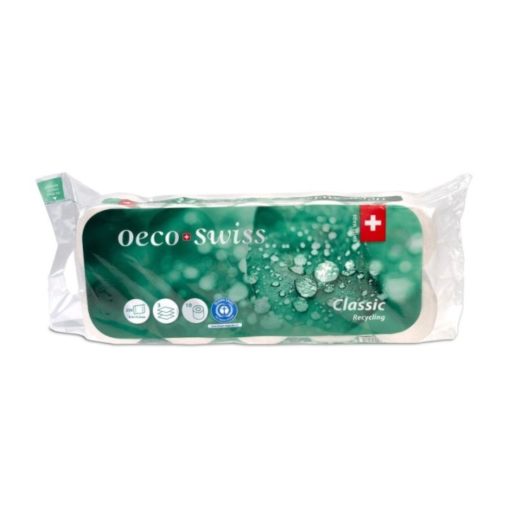 Schweizer Toilettenpapier, 3-lagig, 100% Recyclingfasern, Blauer Engel zertifiziert - 10 Rollen à 250 Blatt - Oeco Swiss