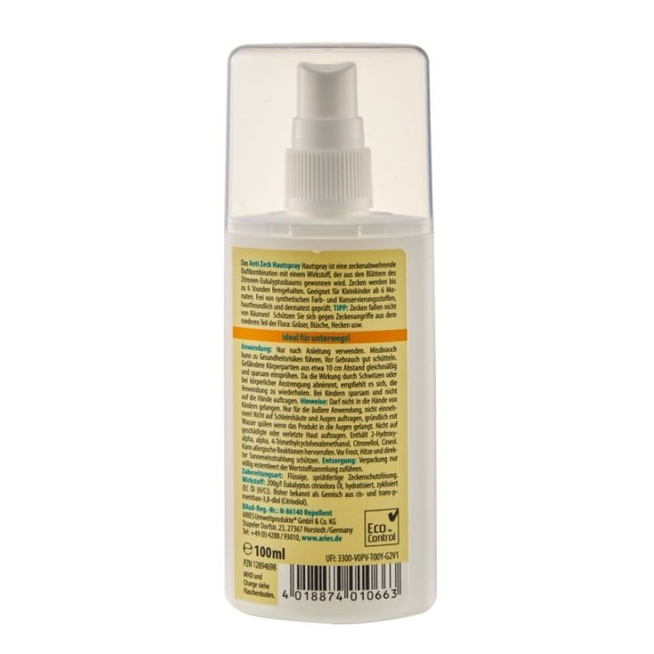 Anti-tiques, Spray répulsif cutané naturel -  Efficacité 6 heures - 100ml - Aries