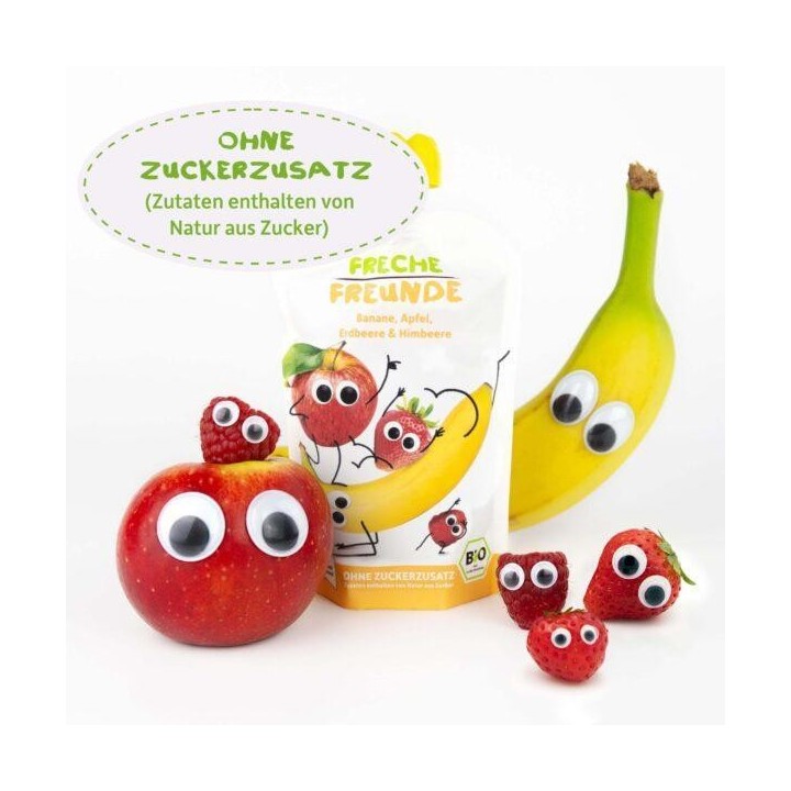 Compote de fruits BIO (Allemagne), Pomme, Banane, Fraise & Framboise - 100g - Freche Freunde