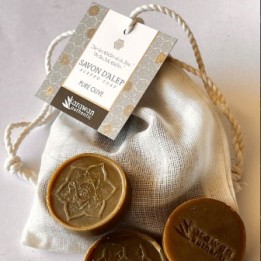 Aleppo Gästeseife "Pure Olive" mit Geschenkbeutel aus Baumwolle - 3 Seifen à 10g - Karawan