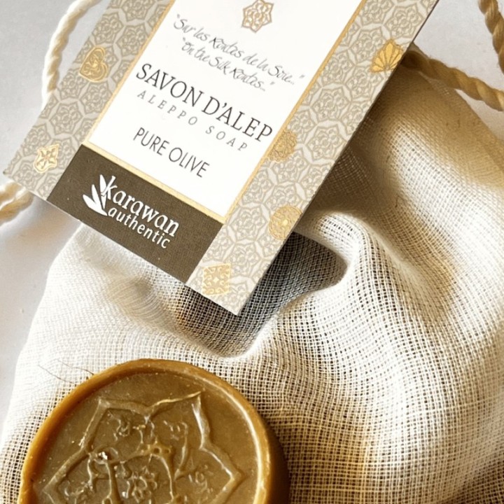 Aleppo Gästeseife "Pure Olive" mit Geschenkbeutel aus Baumwolle - 3 Seifen à 10g - Karawan
