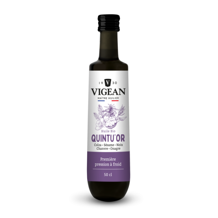 BIO Quintu'Or Öl, kaltgepresst – Raps, Sesam, Walnuss, Hanf, Nachtkerze – 500ml – Vigean