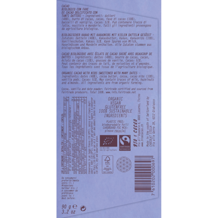 Cioccolato dolcificato solo con datteri, Double Dates & Nibs 51%, Biologico e Fairtrade - 90g - BIOeCacao