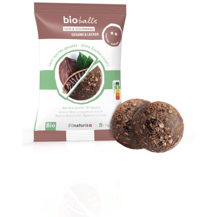BioBalls, Sfere sane e gustose con Spirulina, senza zuccheri aggiunti – Spirulina-Cioccolato – 2x15g – BIOnaturis