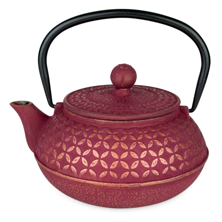 Théière en fonte, TSUBAKI, Rose vermillon et ses dorures, avec filtre inox - 0,6 litre - Aromandise