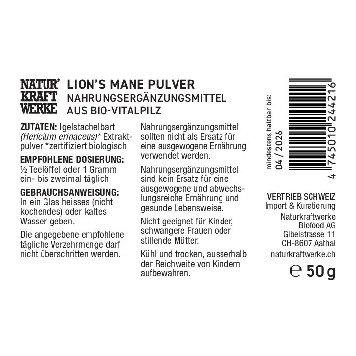 Lion's Mane BIO, poudre d'extrait de champignon vital - 50g  - NaturKraftWerke