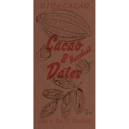 Cioccolato biologico alle nocciole, dolcificato con datteri – 65% cacao, 25% datteri, 10% nocciole, Bio & Fairtrade – 90g – BIOe
