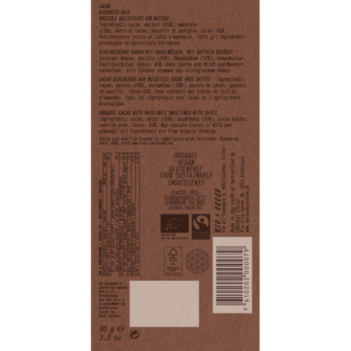 Chocolat BIO aux noisettes sucré aux dattes, Caco 65 %, Dattes 25% et Noisettes 10%, Bio & Fairtrade - 90g - BIOeCacao