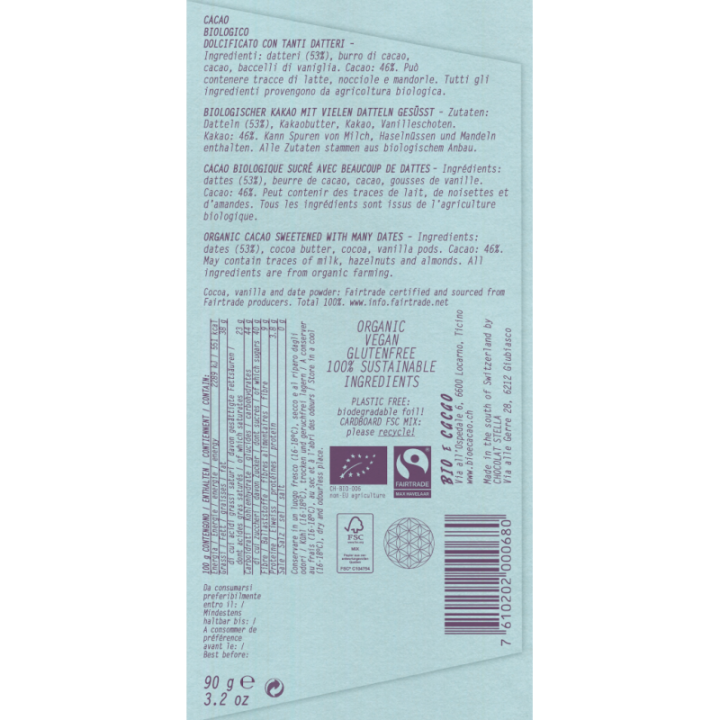 Cioccolato biologico dolcificato con datteri – 46% cacao, 53% datteri, Bio & Fairtrade – 90g – BIOeCacao