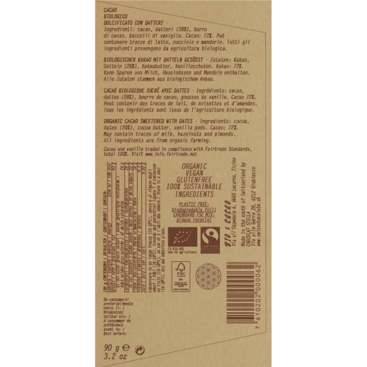 Cioccolato biologico dolcificato con datteri – 72% cacao, 28% datteri, Bio & Fairtrade – 90g – BIOeCacao