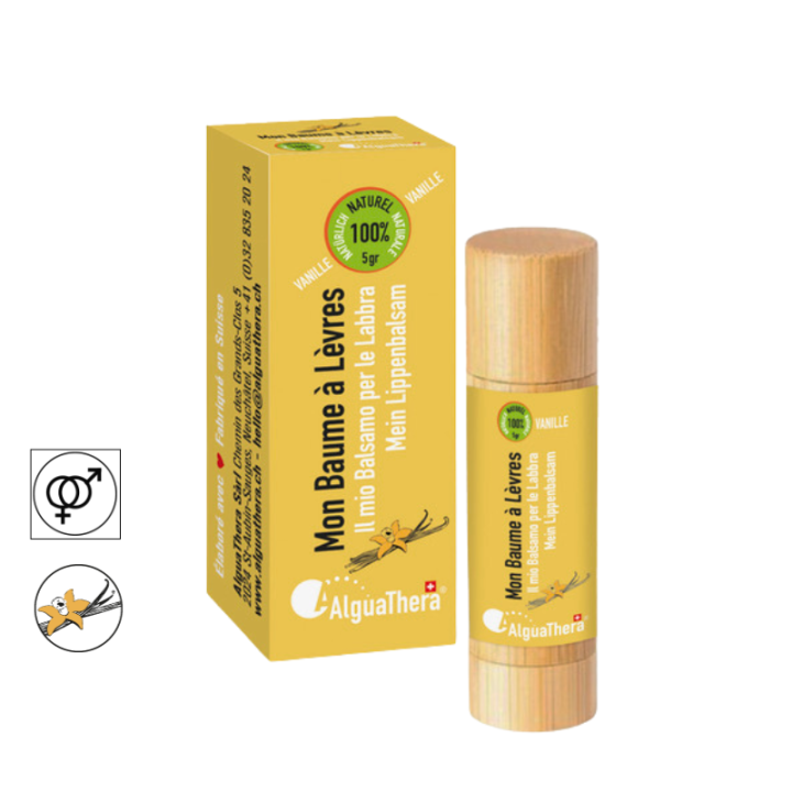 Schweizer Lippenbalsam 100% natürlich mit süßer Mandel - Holz-Tube, Vanille - 5g - AlguaThera