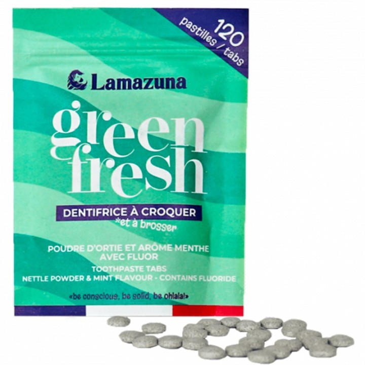 Zahnpasta in Kautabletten, Brennnessel-Minze (ohne Fluorid) - 120 Kautabletten - Lamazuna