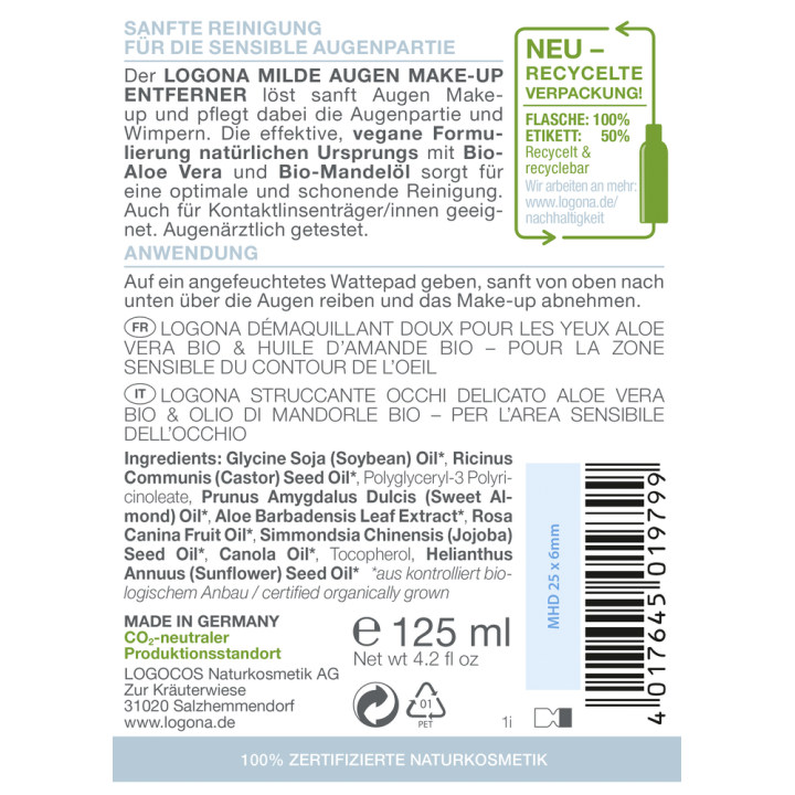 Olio detergente per gli occhi, Rose & Aloe Bio - 125ml - Logona