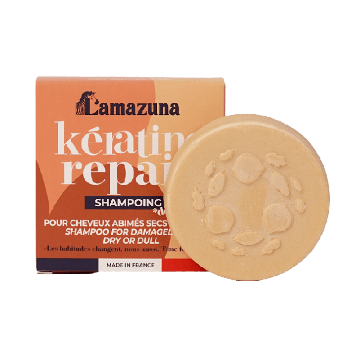 Festes Shampoo mit pflanzlichem Keratin für strapaziertes, trockenes oder glanzloses Haar – Kératine Repair – 70ml – Lamazuna