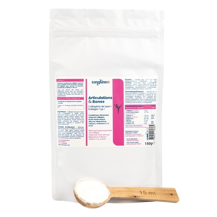 Collagene di tipo 1 in polvere – Articolazioni & Bones, con acido ialuronico – 150 g – Longline