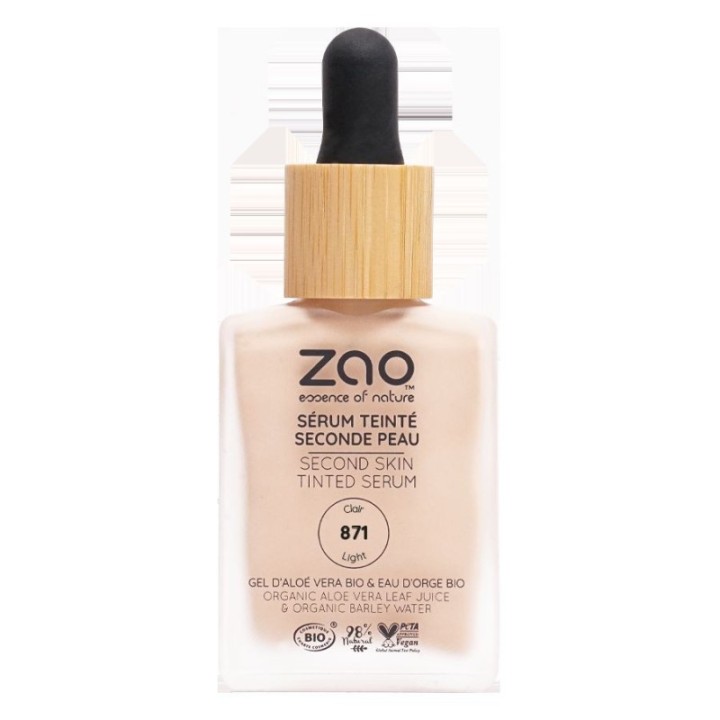 Siero colorato “Seconda pelle” con aloe vera e acqua d’orzo, Bio & Vegan - N. 871 Chiaro - 30 ml - Zao