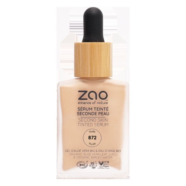 Siero colorato “Seconda pelle” con aloe vera e acqua d’orzo - Bio & Vegan - N°872 Nude - 30 ml - Zao
