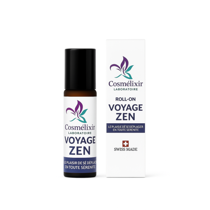 Voyage Zen Roll-On Cosmélixir mit ätherischen Ölen. Eine beruhigende Synergie zur lokalen Anwendung für entspanntes Reisen.