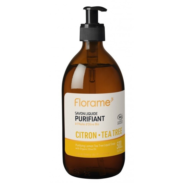 Sapone liquido BIO tradizionale, ricaricabile - Limone & Tea Tree - Dispenser in vetro 500 ml - Florame