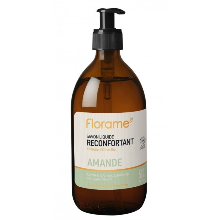 Savon liquide BIO traditionnel, rechargeable - Amande - Flacon-pompe en verre de 500 ml - Florame