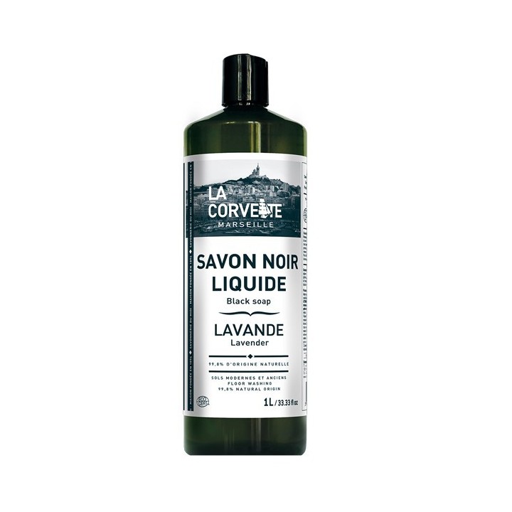 Flüssige ökologische schwarze Seife mit Leinöl, Lavendel - 1 Liter - La Corvette (Marseille)
