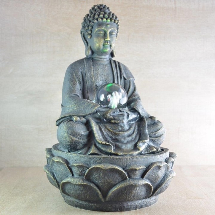 Fontana - Grande Buddha Meditazione  (con illuminazione a LED e a sfera) - Zen'Light