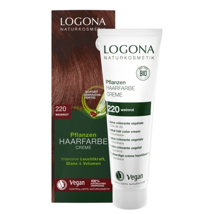 Crème de coloration végétale BIO 220, prêt à l'emploi  - Vin Rouge - 150ml - Logona